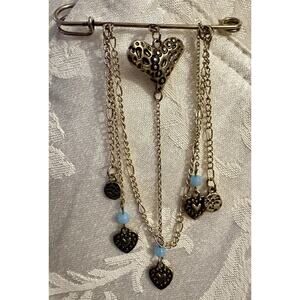Vtge Goldtone Metal Dangle Brooch/Kilt Pin Heart Theme W/Blue Translucent Beads